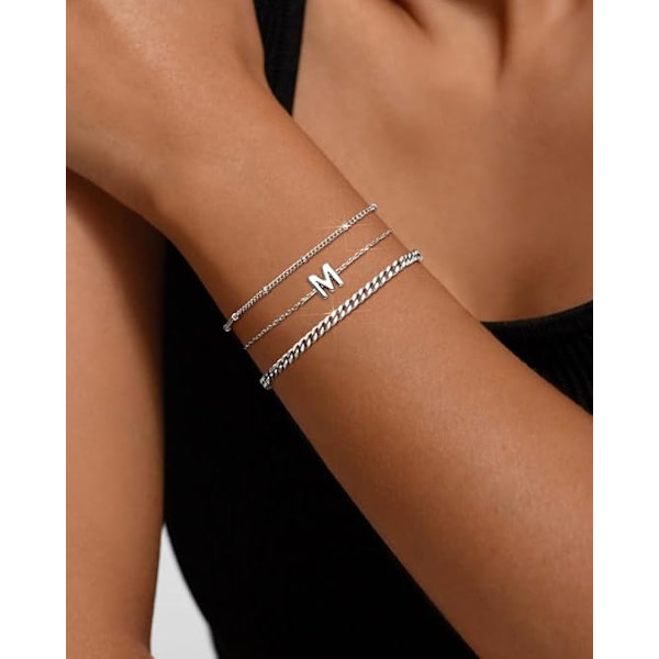 3 st. Vitguld Initialarmband för Kvinnor Smalt 14K Guld Armband Stack Letter Link Charm A-Z Monogram Armband Anti-Missfärgning Smycken