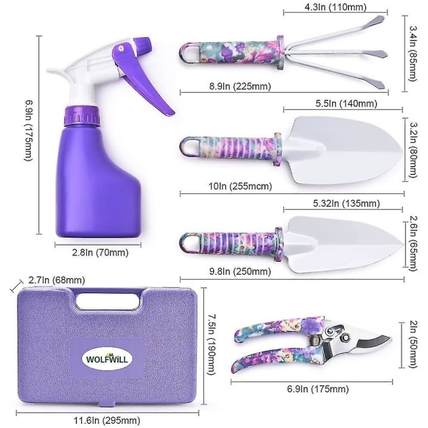 Trädgårdsredskap 5 st med transplantatörer Sax Harv Rostborttagningsspruta och låda (lila)