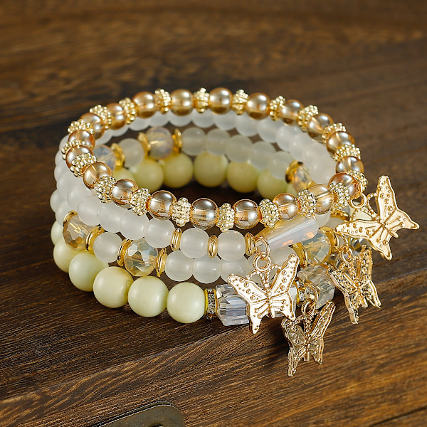 4 stk. Bohemian Butterfly Krystal Steng Armbånd til Kvinder Guld Perle Stabelbar Stræk Armbånd Farverig Charm