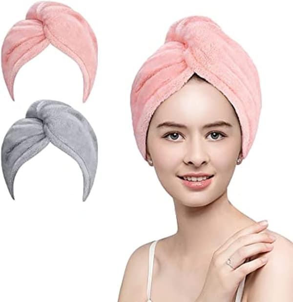 Hårhåndklæde Sæt 2 Mikrofiber Hårhåndklæder Med Knapdesign Håndklæder Til Kvinder Hurtigtørrende Hår (Pink/Grå)