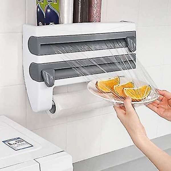 Multifunktionell Förvarings- och Skärställ, 4-i-1 Väggmonterad Såsburkshållare, Multifunktionell Köksfolie- och Plastfoliehållare med Kryddställ Gray blue