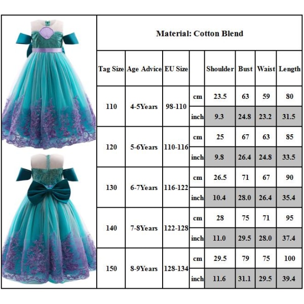 Lille Havfrue Ariel Tulle Prinsesse kjole Cosplay kostume 4-5 Years