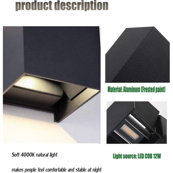 12W Modern LED Wall Light/Outdoor Wall Light, Waterproof Adjustable Beam Angle, Aluminum Alloy Housing, (Black-4000K)