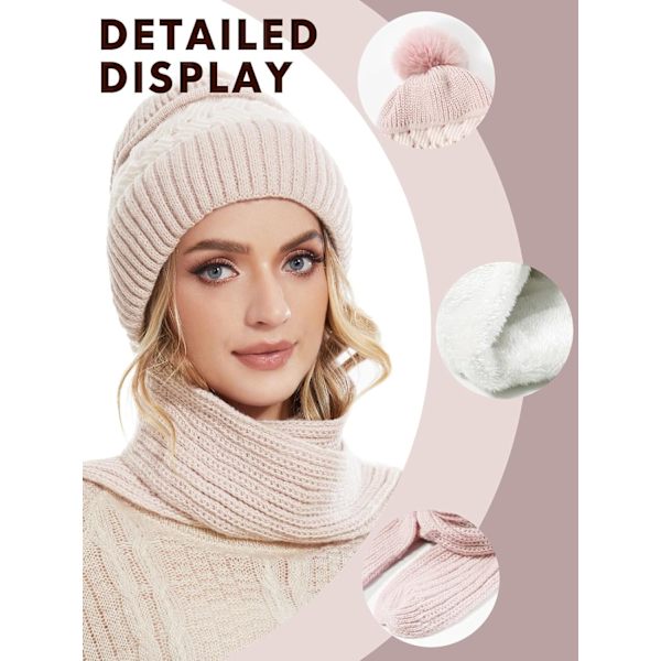 Dames Vintervarm Hat Strikket Beanie og Halsklæde 2 i 1 Fleeceforet Plys Hat 4