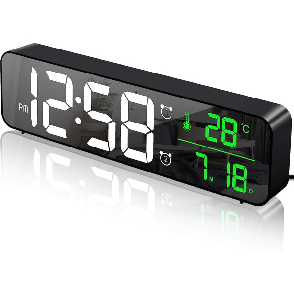 Digital väckarklocka, väggklocka Morgonväckarklocka LED digital spegel Stor skärm med datumtemperatur, 2 larm, 40 musik, 6 dimbara ljusstyrkor,
