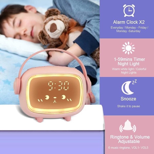 Digitalt vækkeur til børn Sunrise Simulator, Time Angel Led vækkeur til soveværelse med vækkelys og natlys, strømdrevet genopladelig seng