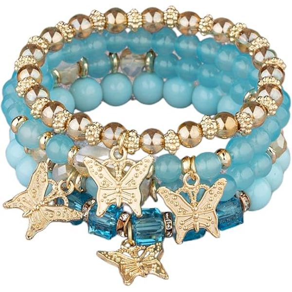 4 stk. Bohemian Butterfly Krystal Steng Armbånd til Kvinder Guld Perle Stabelbar Stræk Armbånd Farverig Charm