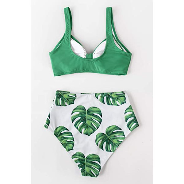 Dames Bikini Sweetheart Højtaljet Blomsterprint 2-delt Badetøj Grøn+Hvid (L)