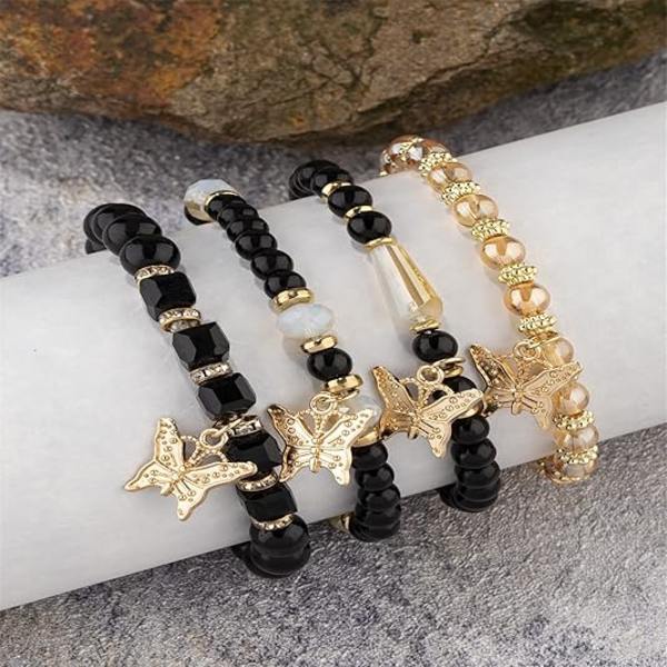 4-pack Bohemiska Fjärilskristallstensarmband för Kvinnor - Guld Pärlor Stapelbara Elastiska Armband Färgglada Charm