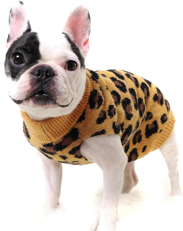 Vinterstrikket hundegenser leopardmønster gul, 10330