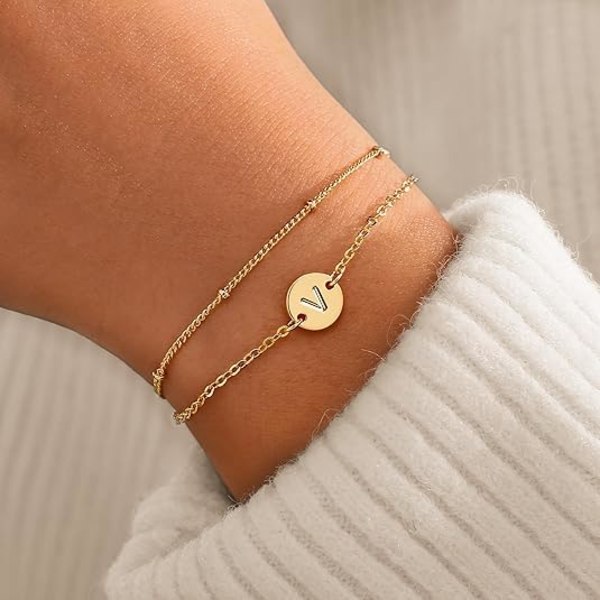 A-Z Gold Initial Bracelets for Women Trendy - Dainty 39K Gold Plated Layered Beaded Letter Initial Bracelet Personalized Disc Monogram Bracelet