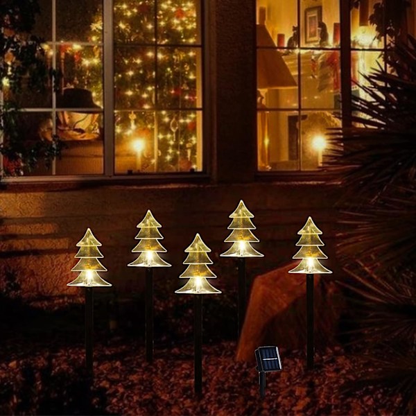 Julelys med solcelle, sett med 5 vanntette landskapsjulelys, LED-lys for hage, plen, terrasse, gangvei (5 stk - varm hvit - tre) tree