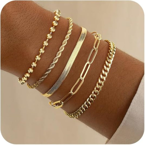 Guld Armbånd til Kvinder, Fine Armbåndssæt til Kvinder Trendy, Guld Armbånd Stak med Perler, Cuban, Paperclip, Hjerte, Slange