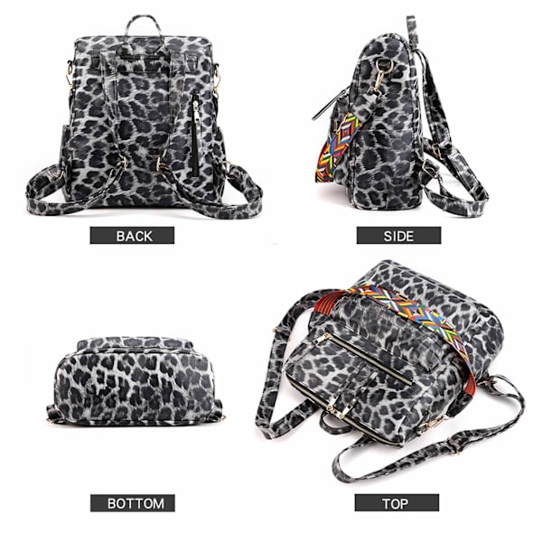 Dame Mode Rygsæk Tasker Multipurpose Design Håndtasker og Skuldertaske PU Læder Rejsetaske Leopard grå C