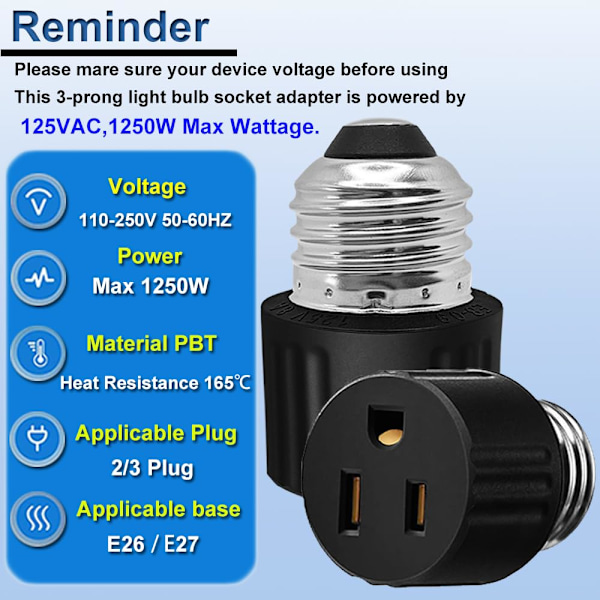 3 Pakkausta 3-napaista Lampunpistokkeen Sovitinta, E26/E27 Lampunpistokkeen Pistorasia, Polarisoitu Lampunpistokkeen Sovitin 2 Mustaa 1 Valkoinen