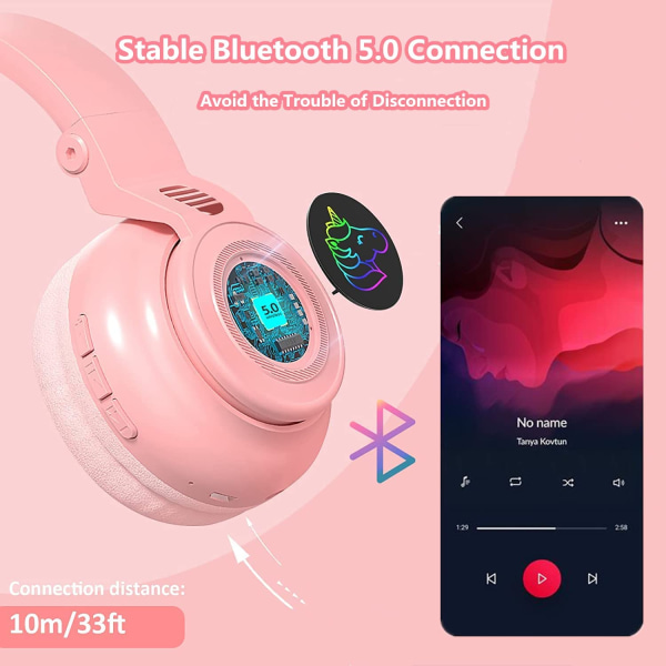 Trådlösa Bluetooth hörlurar, Barnhörlurar, Vikbara Unicorn Bluetooth hörlurar (rosa)