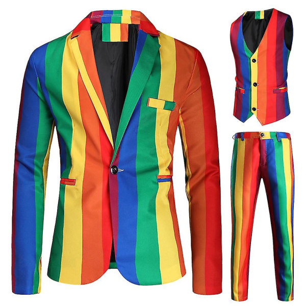 3-delad färgrandig kostym för män med en knapp smoking kavaj jacka byxor väst set (XL storlek)
