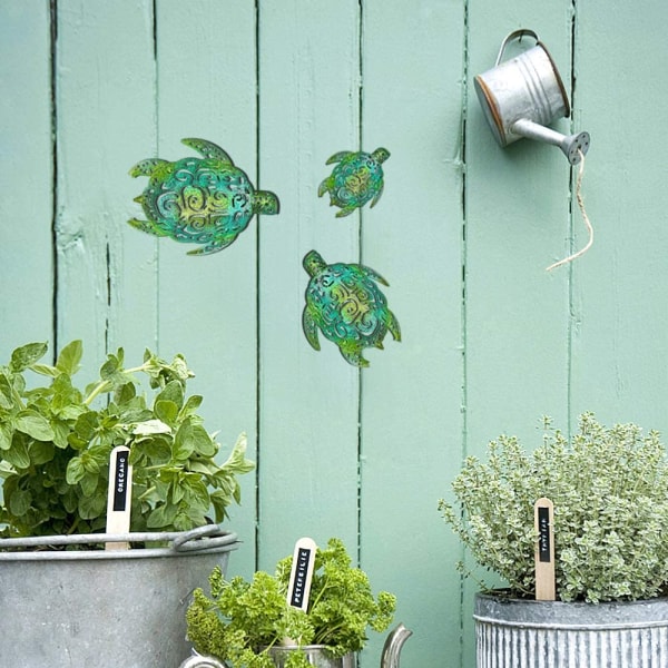 Set med 3 metall havssköldpadda strandtema dekoration väggkonst dekorationer för inomhus utomhus badrum trädgård (grön)