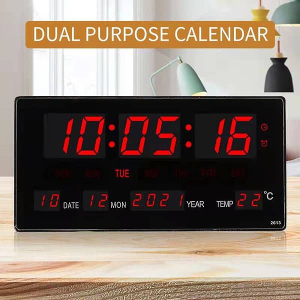 Stor LED digital väggklocka (36 cm), 8 programmerbara alarm, fullständig kalender och temperaturvisning.