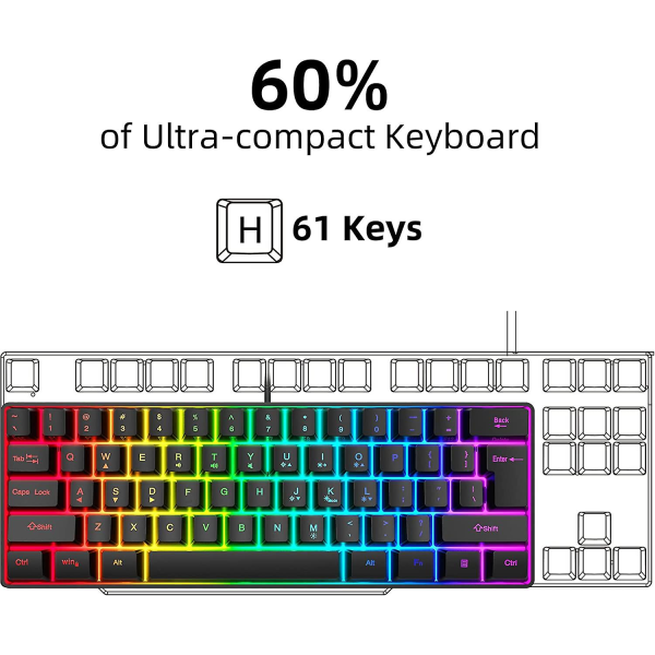 60 % kablet gaming-tastatur, Rgb-baggrundsbelyst ultrakompakt mini-tastatur, vandtæt mini-kompakt 61 taster tastatur til pc/mac-spiller, maskinskriver, rejser, let at