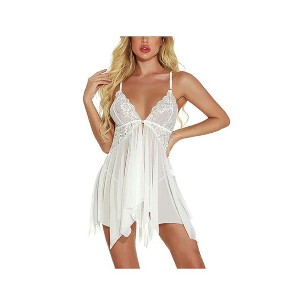 Underkläder för kvinnor Spets Babydoll Sexig Chemise V-hals Mesh Sovkläder (Vit, XL)