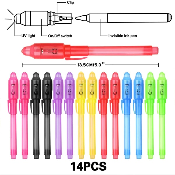 14 osynliga bläckpennor med UV-ljus osynlig bläckpenna -- idealisk födelsedagspresent för barn pojkar flickor