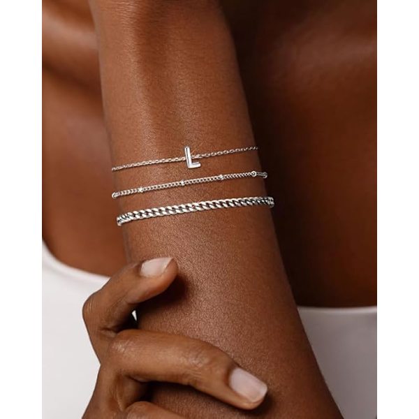 3 stk. Hvidguld Initial Armbånd til Kvinder Fint 14K Guld Armbånd Stak Brev Lænke Charm A-Z Monogram Armbånd Anti-Misfarvning Smykker