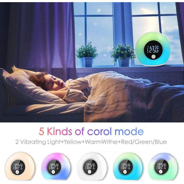 Vækkeur med lys og Bluetooth-højttaler, natlys til børn, 4 lysstyrkeniveauer og farverigt lys, digital vækkeur til børn