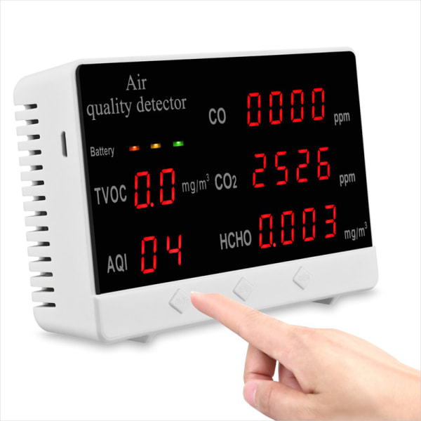 Luftkvalitetsmonitor Noggrann testare för CO2-formaldehyd(HCHO) TVOC/AQI multifunktionell luftgasdetektor Realtidsdata och medelvärderegistrering för hemmet