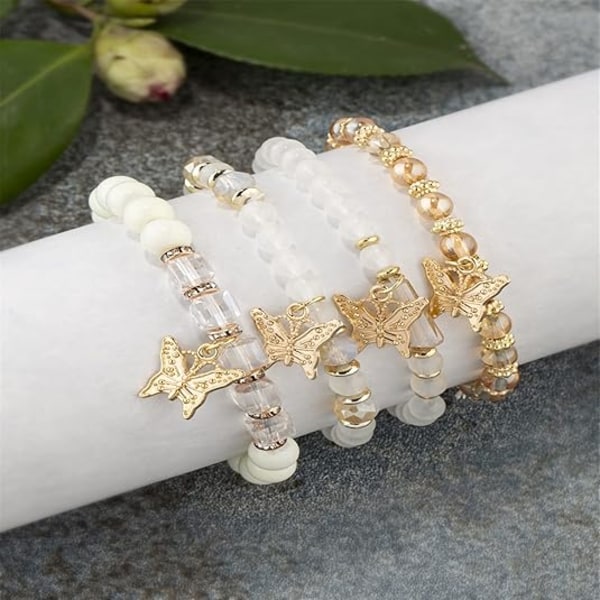 4 stk. Bohemian Butterfly Krystal Steng Armbånd til Kvinder Guld Perle Stabelbar Stræk Armbånd Farverig Charm