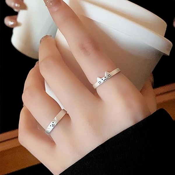 Personliga Silver Stackable Matchande Ringar med Kattlöfte för Par - Justerbar Öppen Ring med Katt och Hund för Kvinnor och Män - Smycken Present