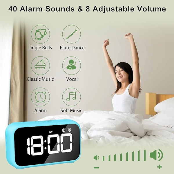 LED Digital Väckarklocka med Snooze-funktion, 2 Alarm, 12/24H USB Laddningsbar Spegel Yta för Sovrum Kontor