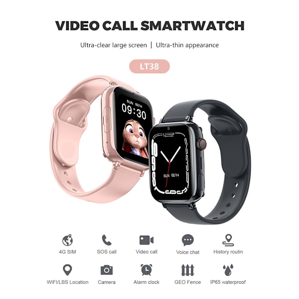 Kids 4G Smart Watch SOS GPS Location Tracker Sim Card Video Call WiFi Chat Kamera Taskulamppu-musta black