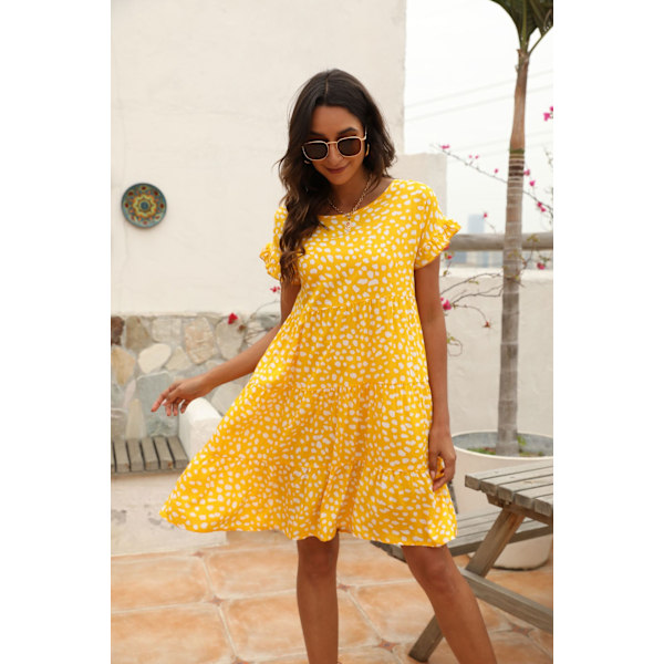 Kvindes Rufflet Boho Blomster Polka Dot Babydoll Løstsiddende Swing Casual Kort Mini Kjole (Gul, M)