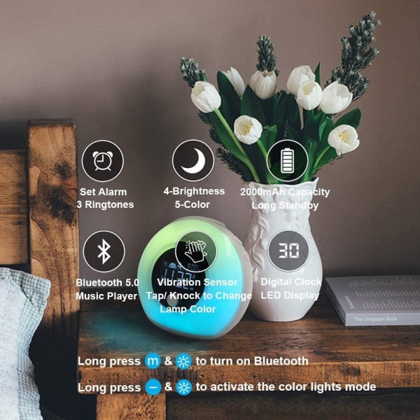 Väckarklocka med ljus och Bluetooth högtalare, nattljus för barn, 4 ljusstyrka och färgglatt ljus, digital väckarklocka för barn
