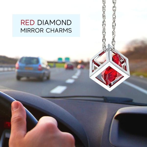 Red Diamond Cube Crystal Car Backspegelberlocker, Bling biltillbehör, Sun Catcher hängande prydnad med kedja, bilberlock och heminredningsprydnad (Re