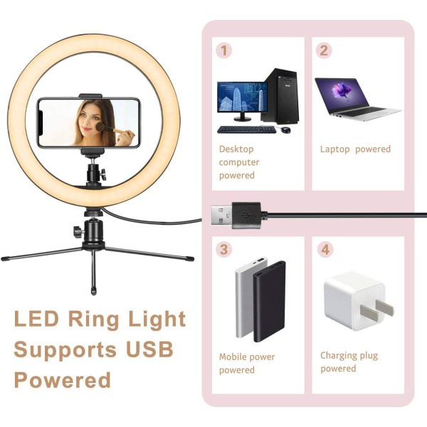 LED Ringlys 10 Tommer med Stativ og Telefonholder til Live Streaming TIKTOK, YouTube Vlog Videoer, Dæmpbart Skrivebordsmakeuplys, Fotografering