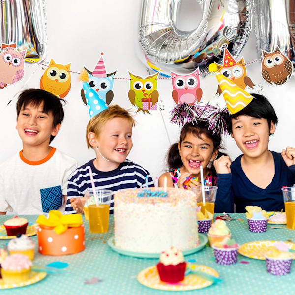 4-pack Uggla Födelsedagsgirlander Färgglada Uggla Flagggirlander Uggla Tryckt Girland Uggla-Temad Festdekorationer för Babyshower Födelsedagsfesttillbehör