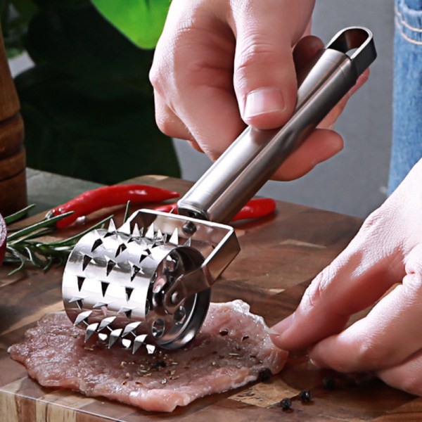 Kjøttmørning, rustfri sølv kjøtthammer, kjøttmørning av rulletype, brukes til biff, svinekoteletter og annet spekemat