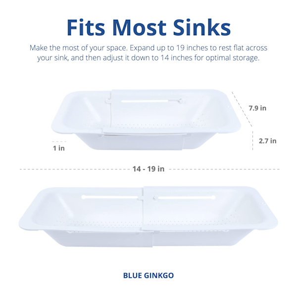 Vaskesil - Vask grønnsaker og frukt, tøm kokt pasta og tørk oppvask - Inntrekkbar (7,9B x 14-19L x 2,75H) - Hvit white