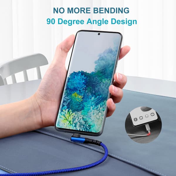 3A Hurtiglading USB-A til USB-C-kabel, 30 cm, 3-pakning, Rettvinklet 90° kontakt, Blå