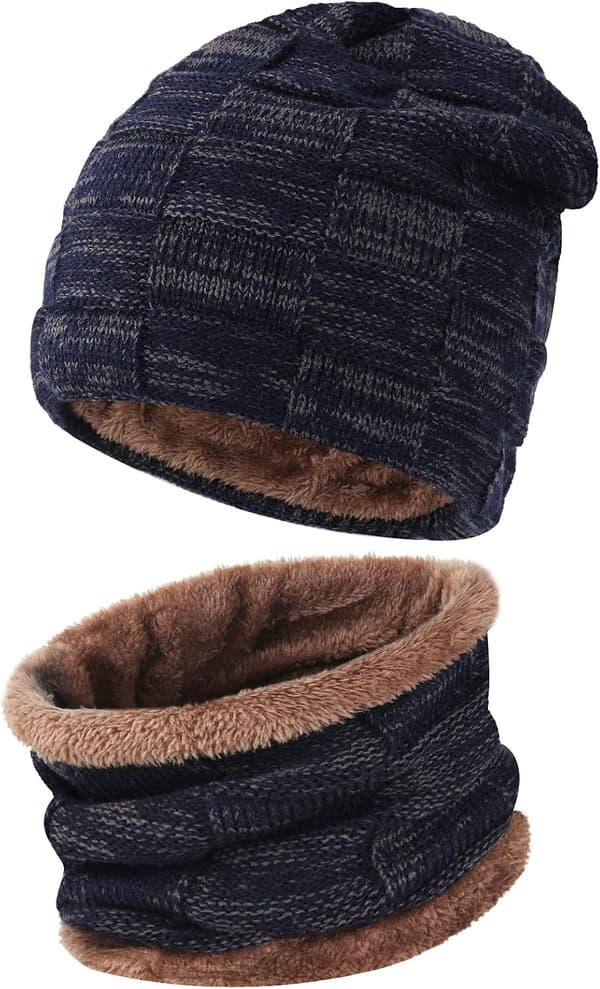 Vintermössa och Halsduk Set för Män, Varm Stickad Mössa Halsvärmare med Fleecefoder Vinterhatt Present till Män och Kvinnor 6