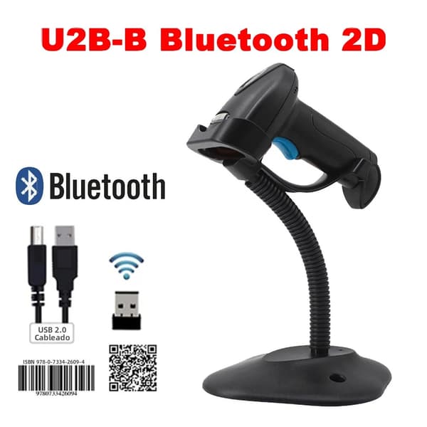 U2B-B Bluetooth 1D/2D med stativ (blå knap), bærbar stregkodelæser, Bluetooth-forbindelse, 2D trådløs scanner, håndholdt 1D stregkodelæser U2B Add Stand