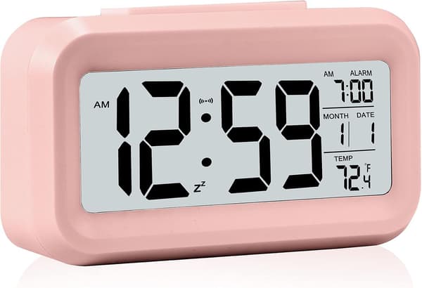 Digital väckarklocka, batteridriven liten bordsklocka, med datum, inomhustemperatur - Rosa