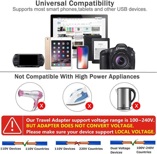 Universal reiseadapter, internasjonal pluggomformer med 4 USB-porter og USB-C, alt-i-ett