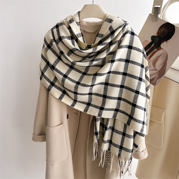 2024 Vinter Kvinder Plaid Faux Cashmere Sjal Tyk Varmt Cashmere Sjal Wraps Med Kvaster 1
