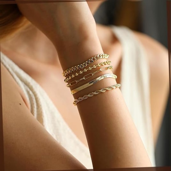 Guld Armbånd til Kvinder, Fine Armbåndssæt til Kvinder Trendy, Guld Armbånd Stak med Perler, Cuban, Paperclip, Hjerte, Slange
