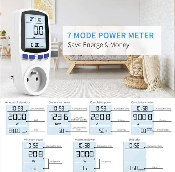 Effektmåler Wattmeter Socket, Elektrisk Effektmåler Socket med 7 Moduser, Energimåler med LCD-skjerm for Energisparing, 3680W