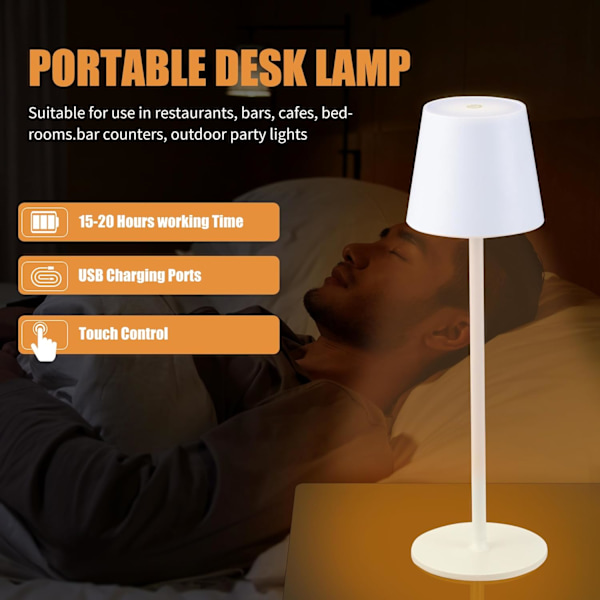 Langaton pöytälamppu USB-lataus Yksinkertainen työpöytälamppu Sisäänrakennettu 4600 mAh akku LED-akkukäyttöinen lamppu kosketusohjauksella Pöytälamppu (Valkoinen)