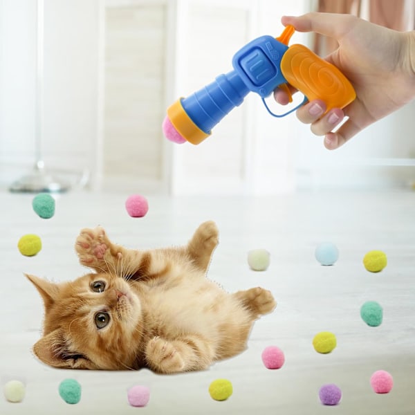 Kattbollset, 30 Plysch Katt Pom Poms och Plastkastare Set för Katter att Klia Interaktiva Katt Leksaker med Färgglada Mjuka Kattbollar för Innekatter 1